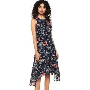 Tommy Hilfiger Navy Floral Hi-Low Midi Dress 10 Trapeze Chic Resort  Boho
